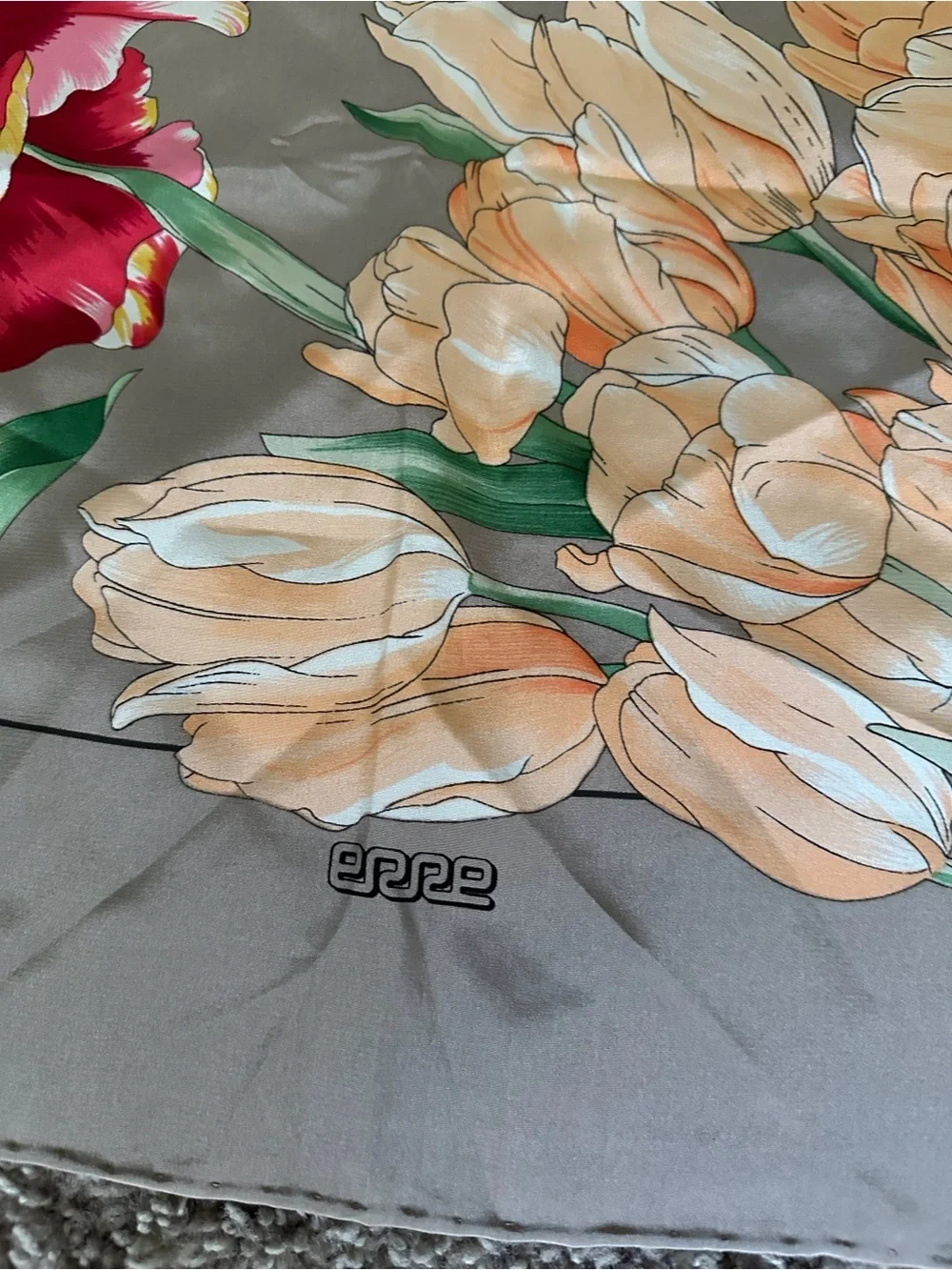 Floral 100% Silk Scarf in Taupe with Red & Peach Blooms Tulip Italian